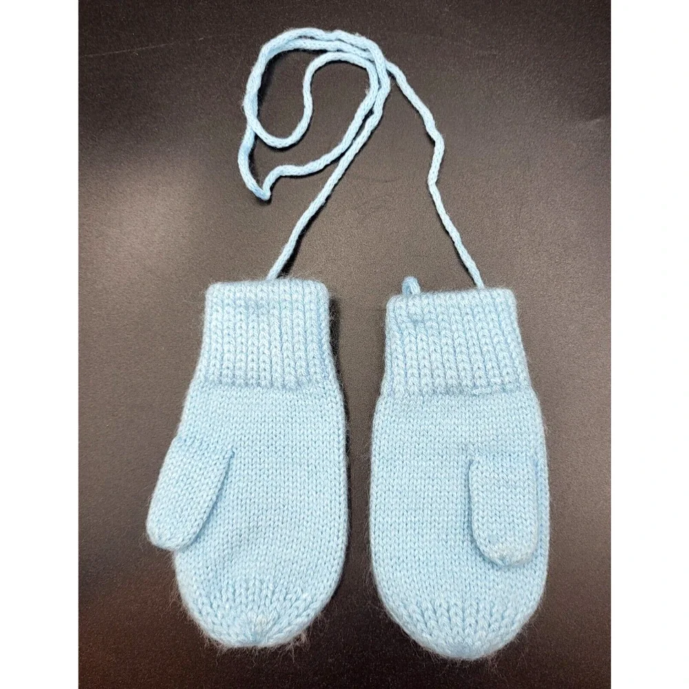 Vintage 80s Infant Blue Knit Mittens Keeper String One Size YK